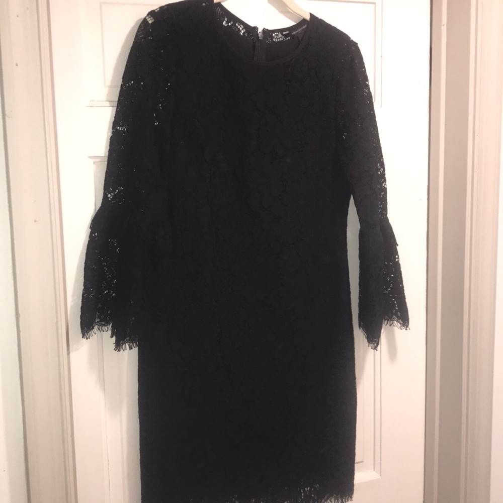 Lace Black Shift Dress with Bell Sleeves